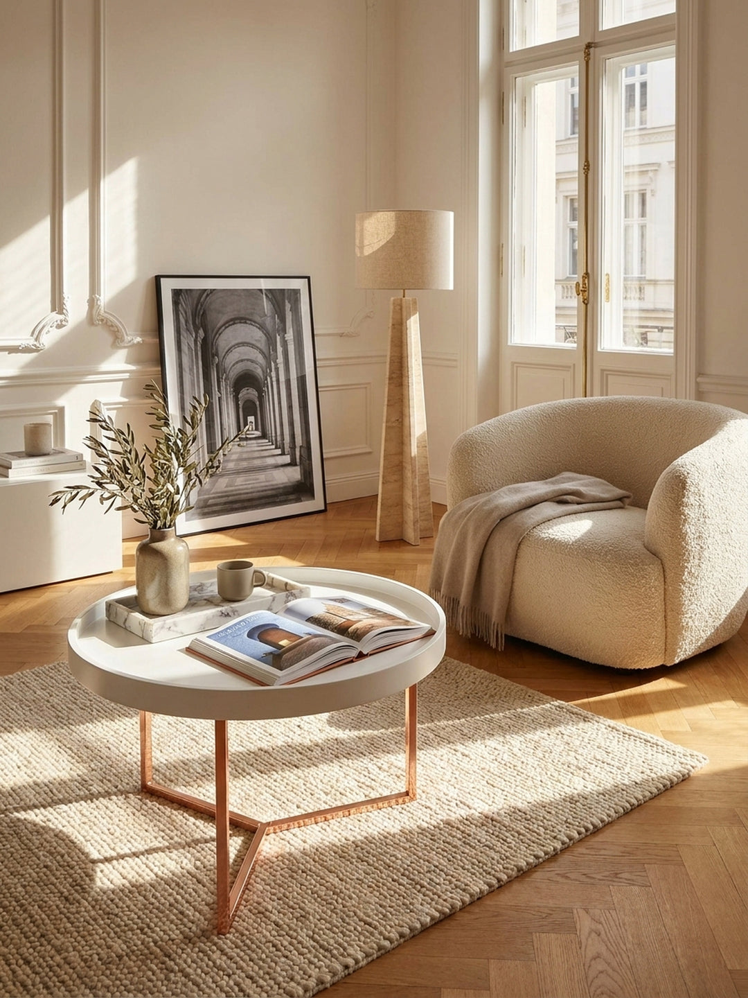 Runder Couchtisch mit weißer Holzplatte und kupferfarbenem Metallgestell im eleganten Wohnzimmer auf Eichenparkett vor großen Fenstern_