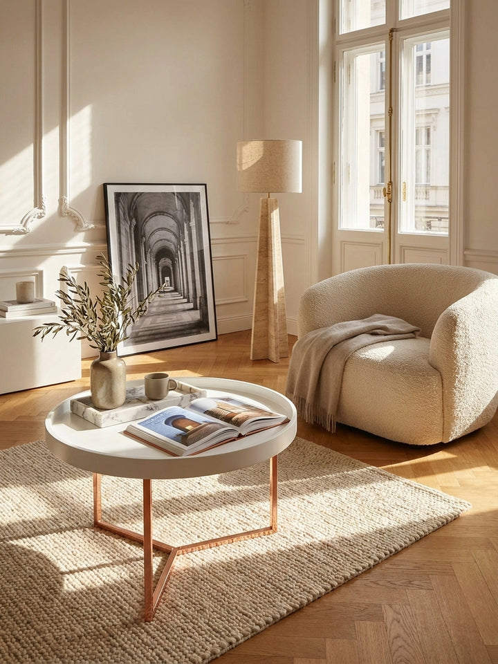 Runder Couchtisch mit weißer Holzplatte und kupferfarbenem Metallgestell im eleganten Wohnzimmer auf Eichenparkett vor großen Fenstern_