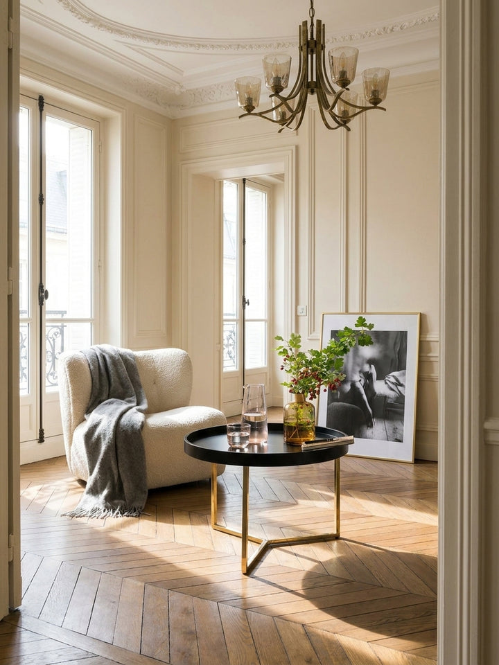 Schwarzer Couchtisch aus Holz und Metall in einem eleganten Pariser Wohnzimmer mit hohen Decken und originalem Chevron-Eichenparkett._