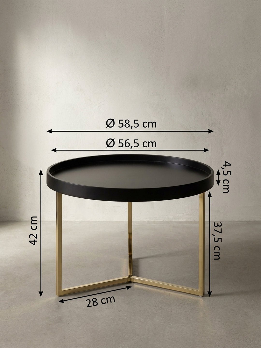 Technische Zeichnung des runden Couchtisches mit genauen Maßangaben von 58,5 cm Durchmesser und 42 cm Höhe zur optimalen Planung im Raum._