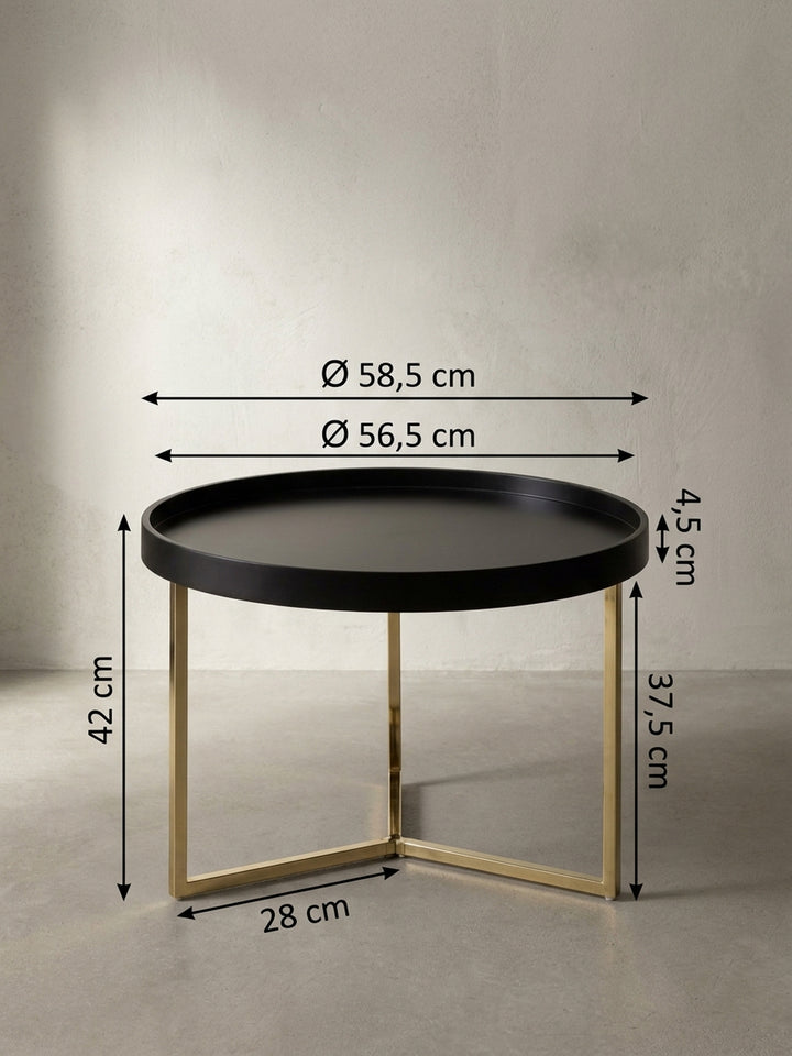 Technische Zeichnung des runden Couchtisches mit genauen Maßangaben von 58,5 cm Durchmesser und 42 cm Höhe zur optimalen Planung im Raum._
