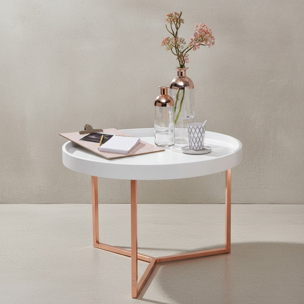 Sofatisch LIA Rund_ Retro Stil_ Metallgestell_ abnehmbares Tablett_ Anti-Rutsch-Noppen_ Gold/Schwarz oder Kupfer/Weiß - KADIMA DESIGN_Farbe_ Bronze_ Größe_ 58x58x42 cm_