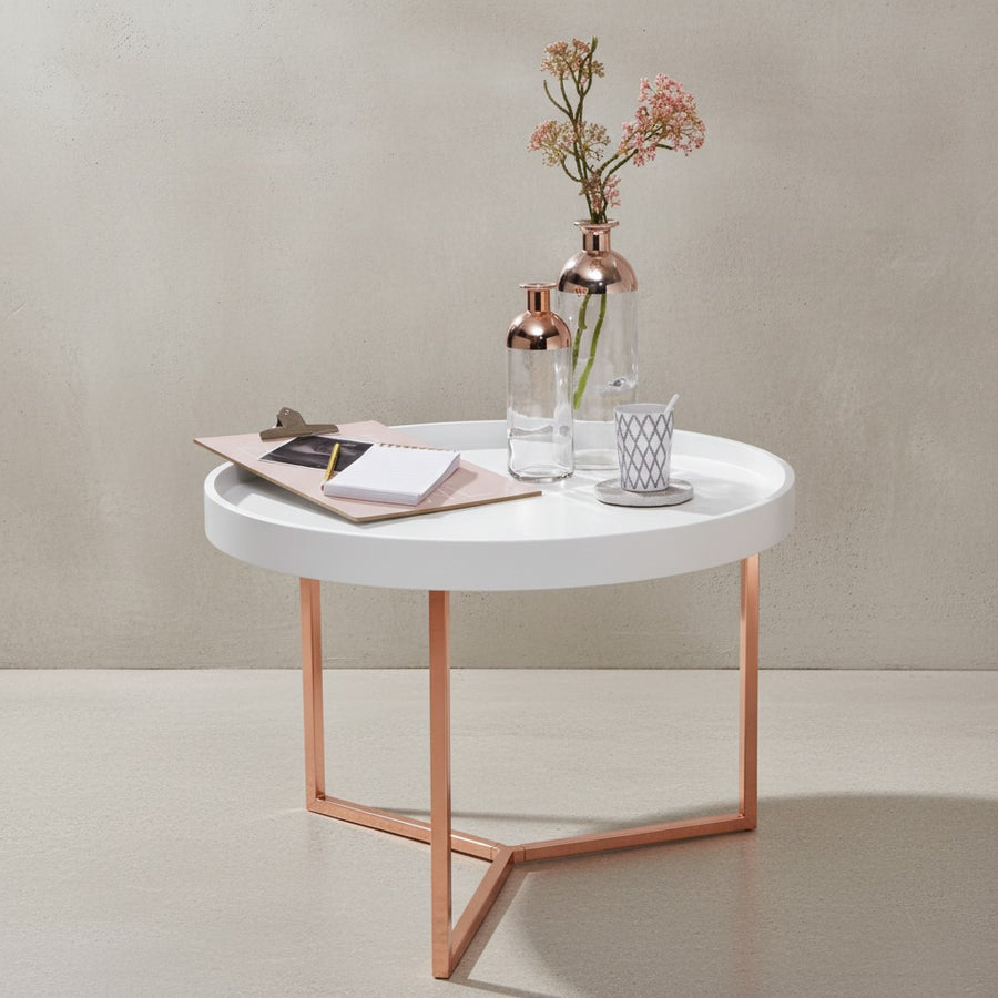 Sofatisch LIA Rund_ Retro Stil_ Metallgestell_ abnehmbares Tablett_ Anti-Rutsch-Noppen_ Gold/Schwarz oder Kupfer/Weiß - KADIMA DESIGN_Farbe_ Bronze_ Größe_ 58x58x42 cm_