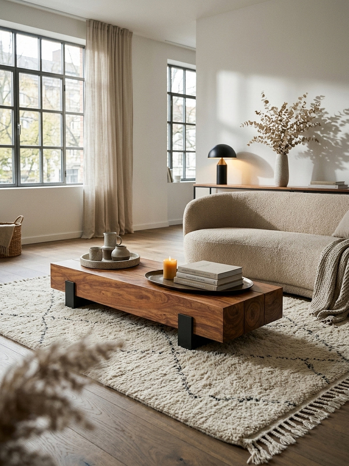 Exklusiver Couchtisch aus massivem Sheesham Holz in einem luxuriösen Wohnzimmer. Der 115x44x22cm große Loungetisch mit schwarzen Metallkufen setzt warme Akzente auf dem hellen Teppich.