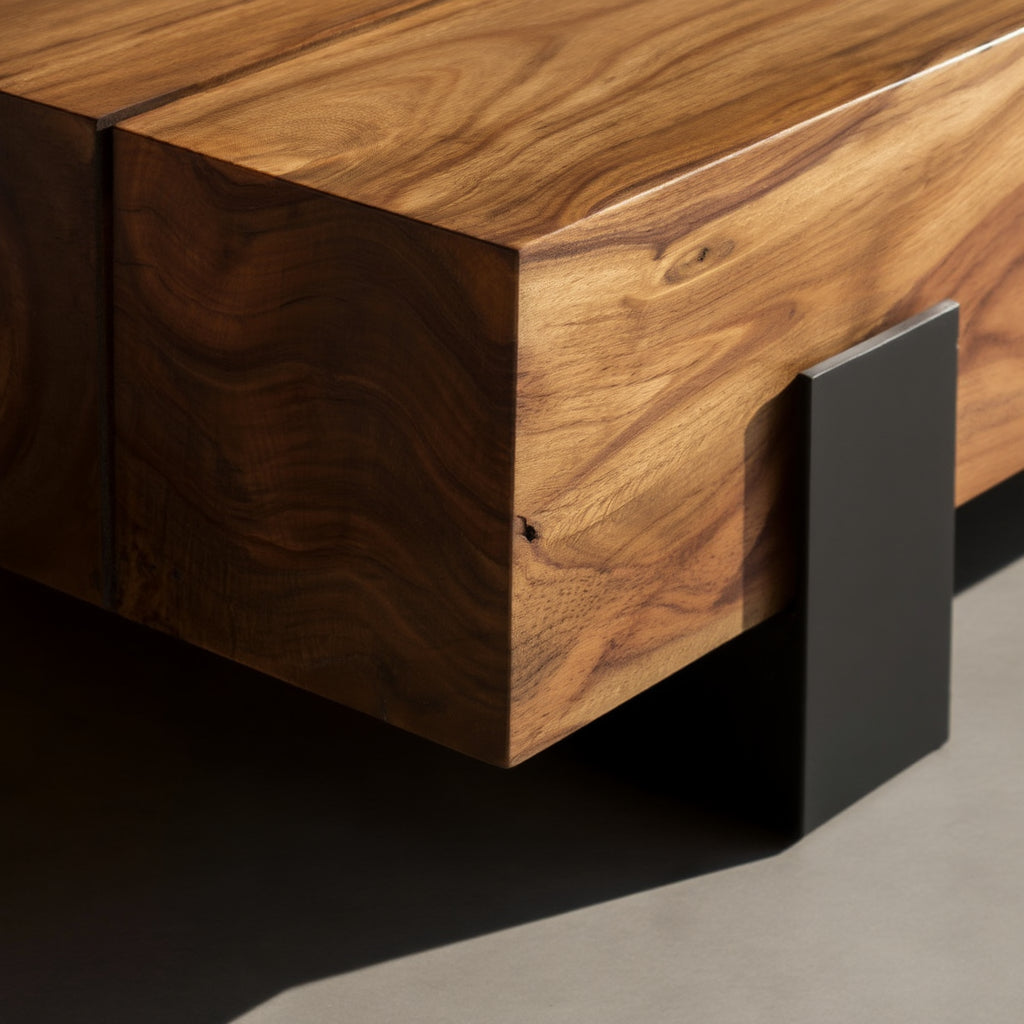 Wohnzimmertisch aus Holz mit Büchern und Deko im Sonnenlicht auf grauem Boden _