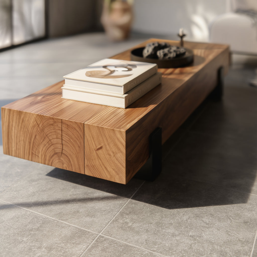 Moderner Couchtisch aus Massivholz mit schwarzen Metallfüßen in minimalistischem Raum _