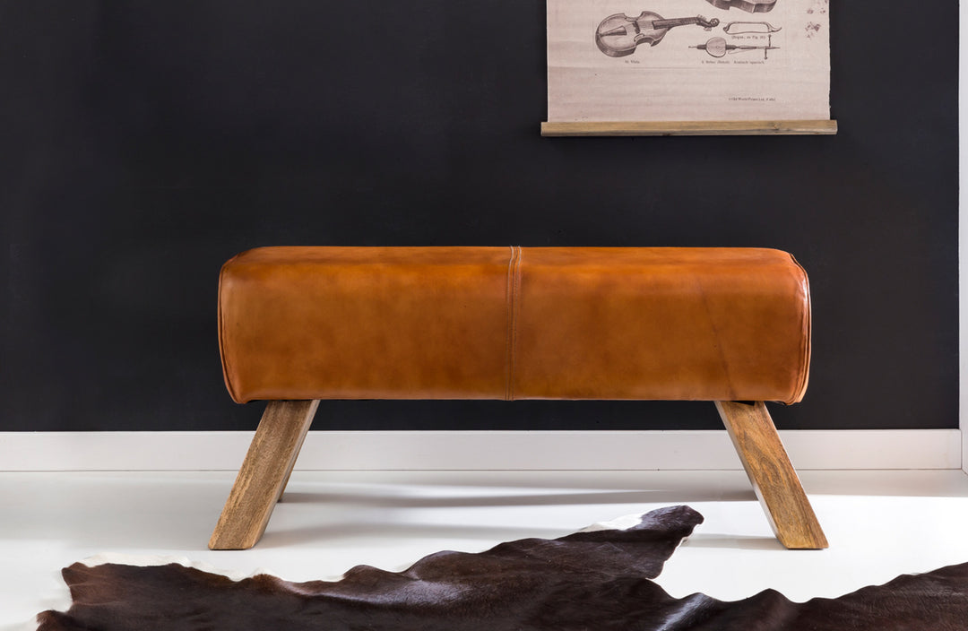 Sportlicher Sitzhocker_ Braun_ Leder_ Mango-Holz_ 90x30x43 cm - Modern &amp; Stabil - KADIMA DESIGN_Größe_ 90x30x43 cm_