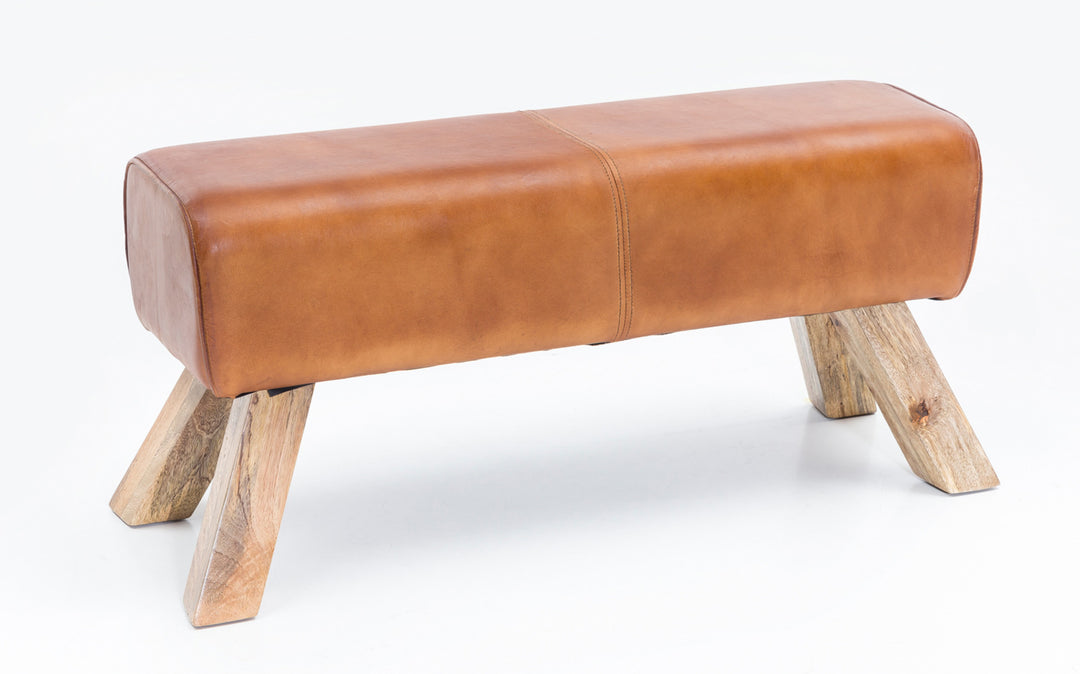 Sportlicher Sitzhocker_ Braun_ Leder_ Mango-Holz_ 90x30x43 cm - Modern &amp; Stabil - KADIMA DESIGN_Größe_ 90x30x43 cm_