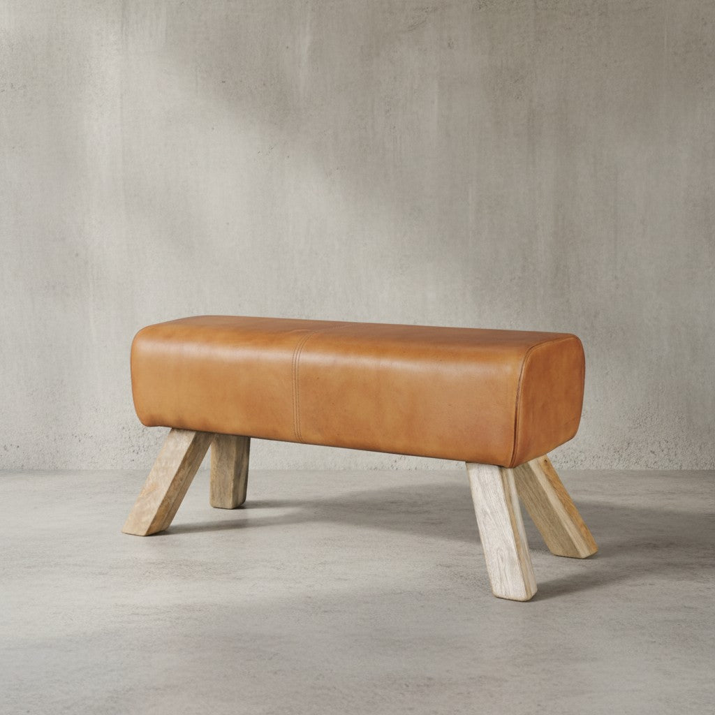 Sportlicher Sitzhocker_ Braun_ Leder_ Mango-Holz_ 90x30x43 cm - Modern &amp; Stabil - KADIMA DESIGN_Größe_ 90x30x43 cm_