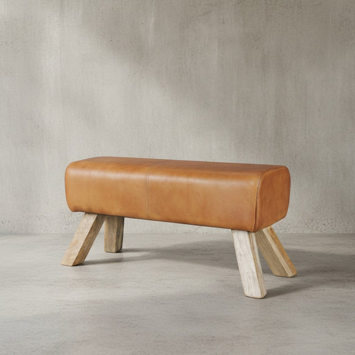 Sportlicher Sitzhocker_ Braun_ Leder_ Mango-Holz_ 90x30x43 cm - Modern &amp;amp; Stabil - KADIMA DESIGN_Größe_ 90x30x43 cm_