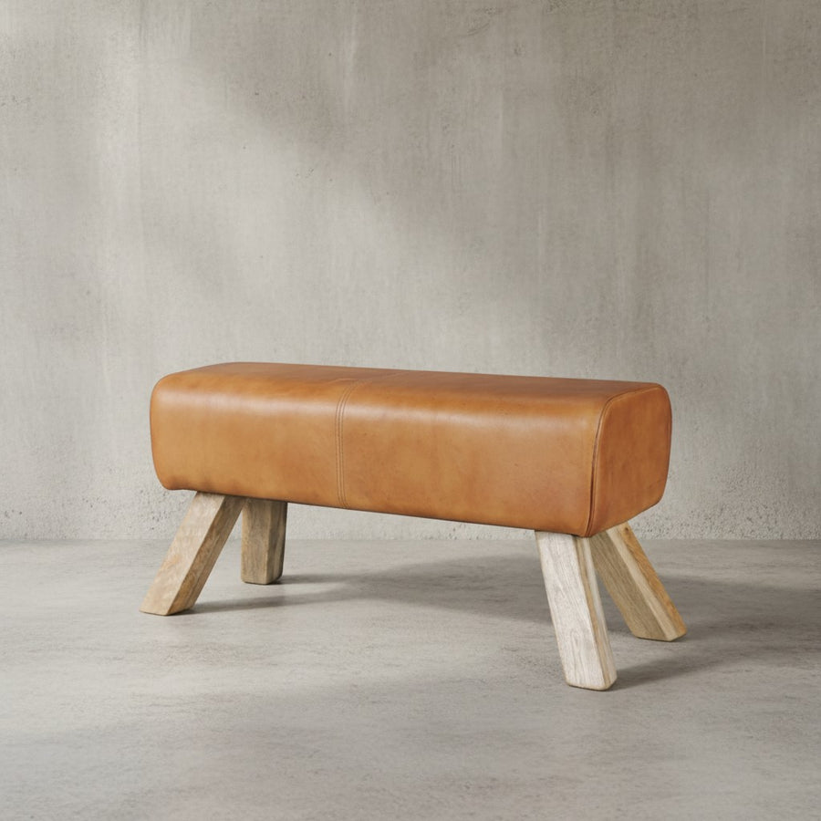Sportlicher Sitzhocker_ Braun_ Leder_ Mango-Holz_ 90x30x43 cm - Modern &amp; Stabil - KADIMA DESIGN_Größe_ 90x30x43 cm_