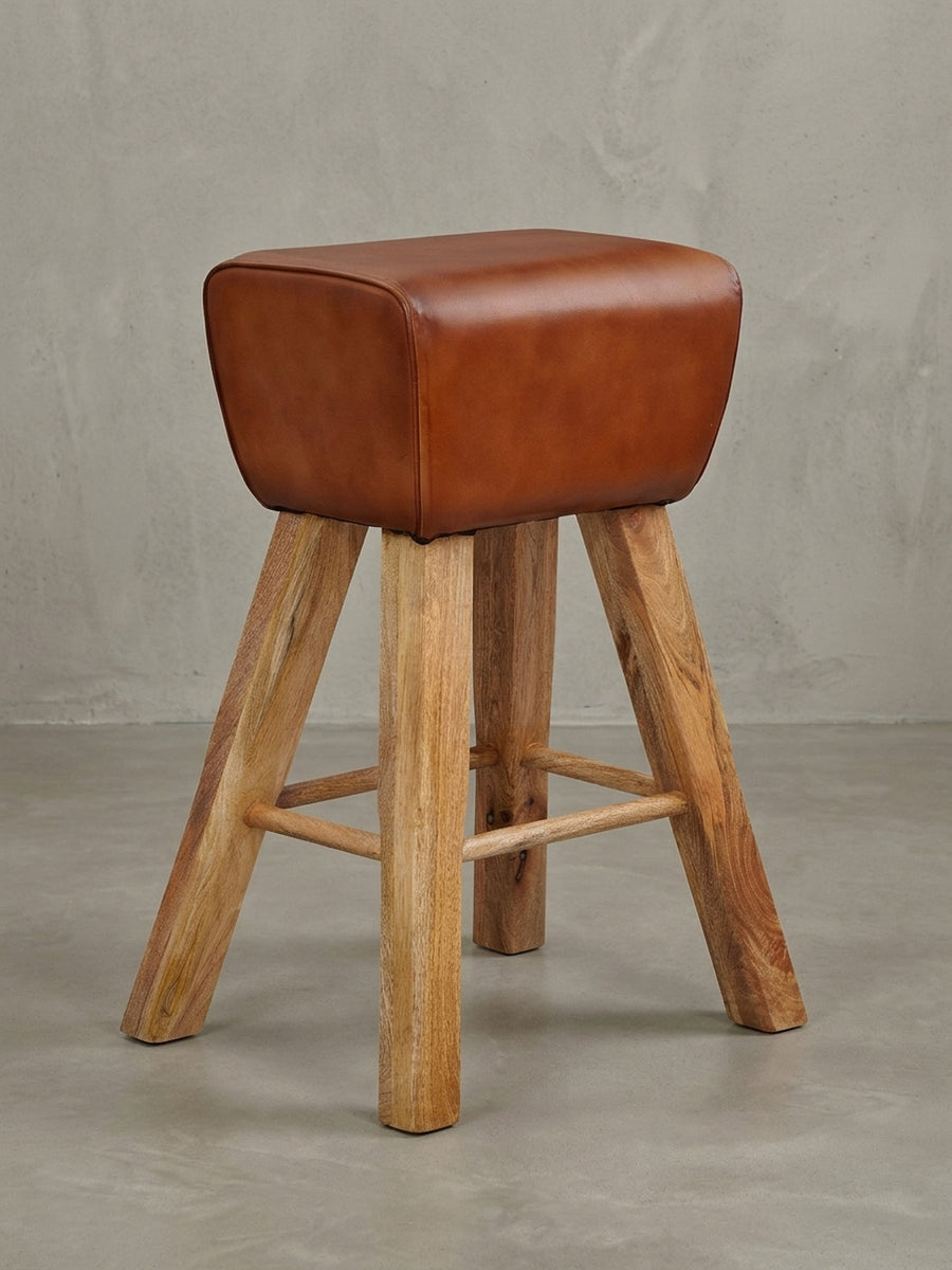 Gesamtüberblick über den Barhocker Braun, der die Kombination aus weichem Ziegenleder und naturbelassenem Mangoholz zusammenfasst._