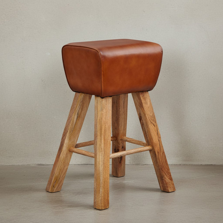 Sportlicher Turnbock-Barhocker_ Ziegenleder und Mango Massivholz_ 43x75x43 cm_ dunkelbraun - KADIMA DESIGN_Größe_ 43x43x75 cm_