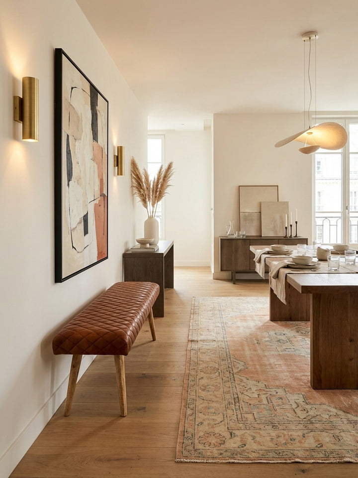 Elegante Sitzbank aus braunem Echtleder im Flur einer stilvollen Altbauwohnung, platziert auf einem Vintage-Teppich. Die Polsterbank dient als Blickfang im Eingangsbereich._