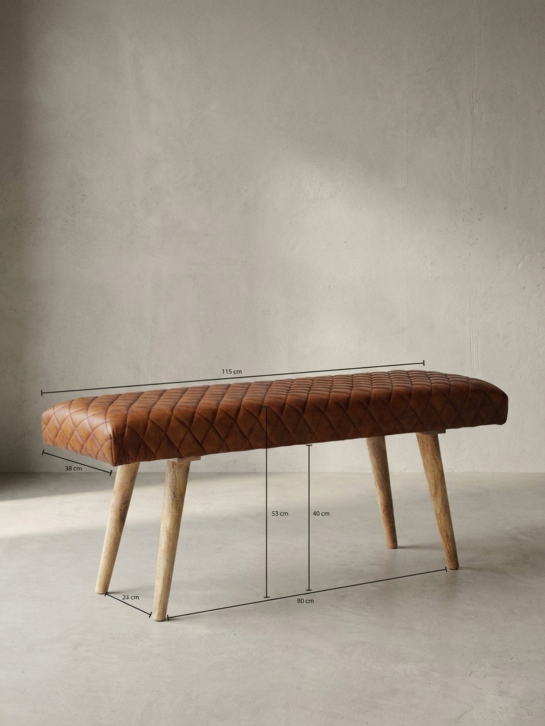 Maßzeichnung Sitzbank – Echtleder/Holz, Springbock-Stil