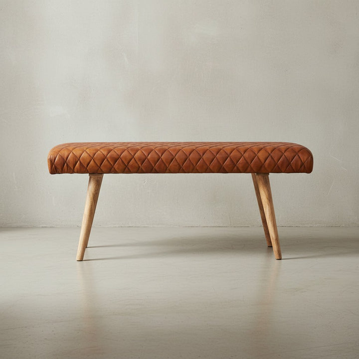 Springbock-Lederbank_ Elegante Sitzbank aus Massivholz und hochwertigem Echtleder - KADIMA DESIGN_Größe_ 115x38x53 cm_
