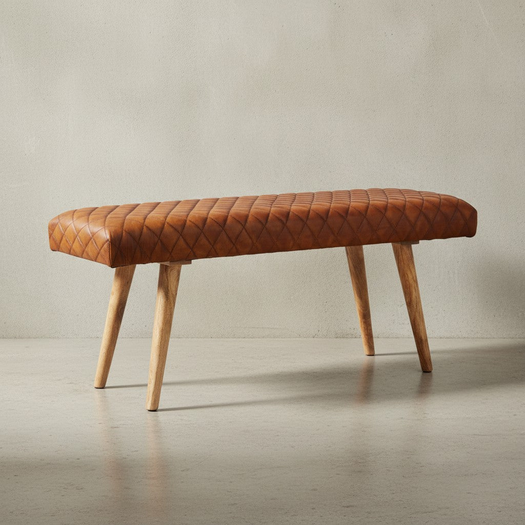 Springbock-Lederbank_ Elegante Sitzbank aus Massivholz und hochwertigem Echtleder - KADIMA DESIGN_Größe_ 115x38x53 cm_
