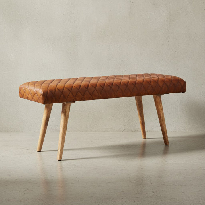 Springbock-Lederbank_ Elegante Sitzbank aus Massivholz und hochwertigem Echtleder - KADIMA DESIGN_Größe_ 115x38x53 cm_