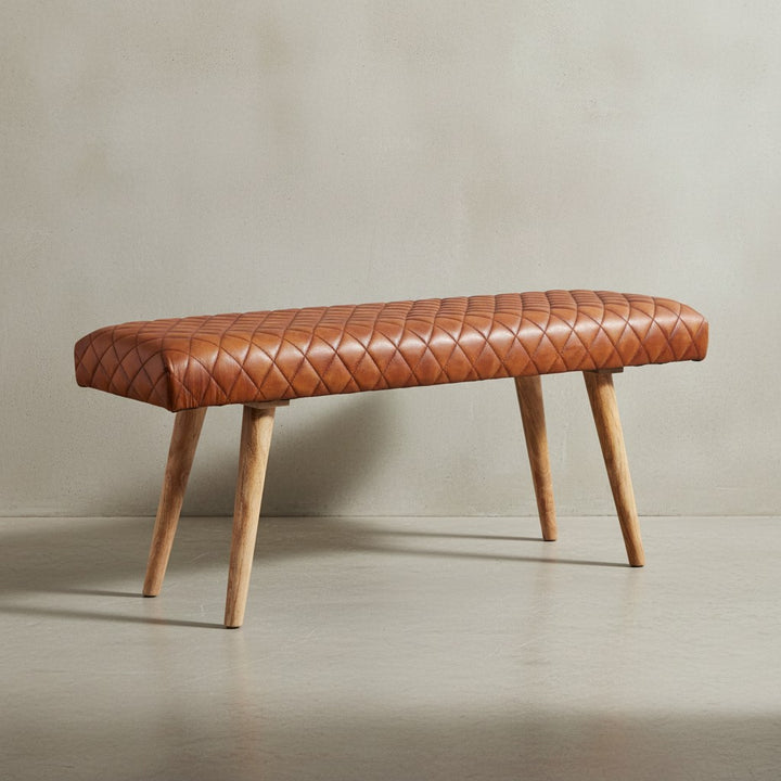 Springbock-Lederbank_ Elegante Sitzbank aus Massivholz und hochwertigem Echtleder - KADIMA DESIGN_Größe_ 115x38x53 cm_