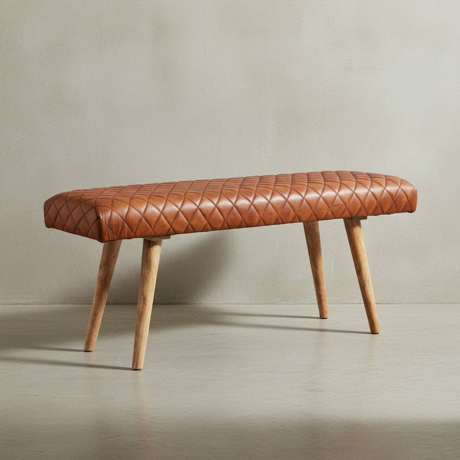 Springbock-Lederbank_ Elegante Sitzbank aus Massivholz und hochwertigem Echtleder - KADIMA DESIGN_Größe_ 115x38x53 cm_