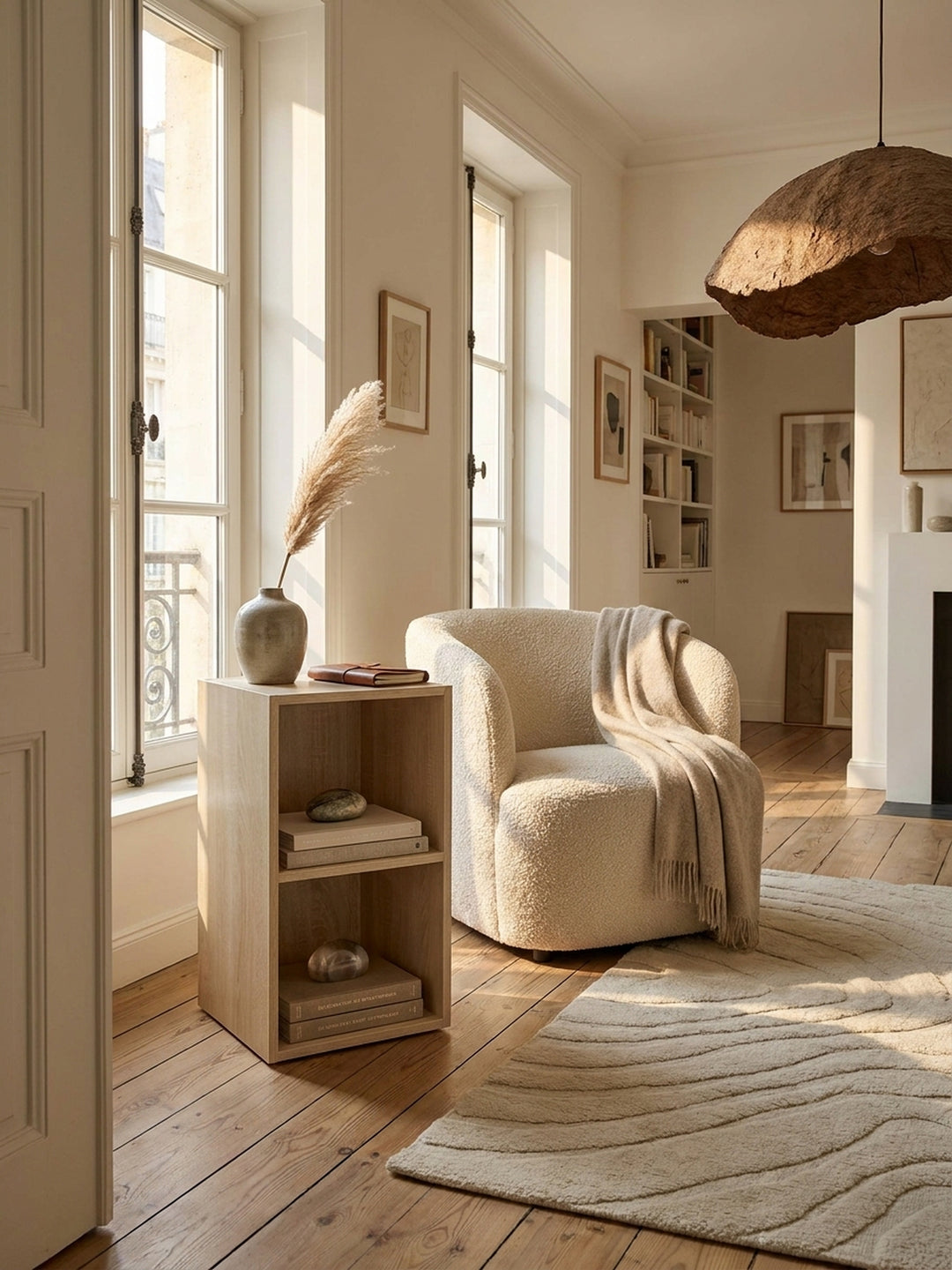 Helles Wohnzimmer im skandinavischen Stil mit einem kompakten Standregal in Sonoma Eiche Optik 30x30x60 cm als eleganter Beistelltisch neben einem beigen Sofa._