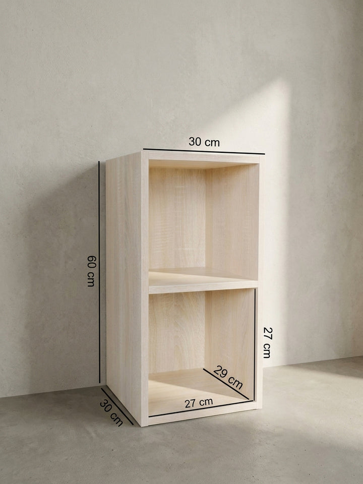 Technische Zeichnung des schmalen Standregals in Eiche Optik mit exakten Maßen von 30x30x60 cm sowie den detaillierten Innenmaßen der Fächer._