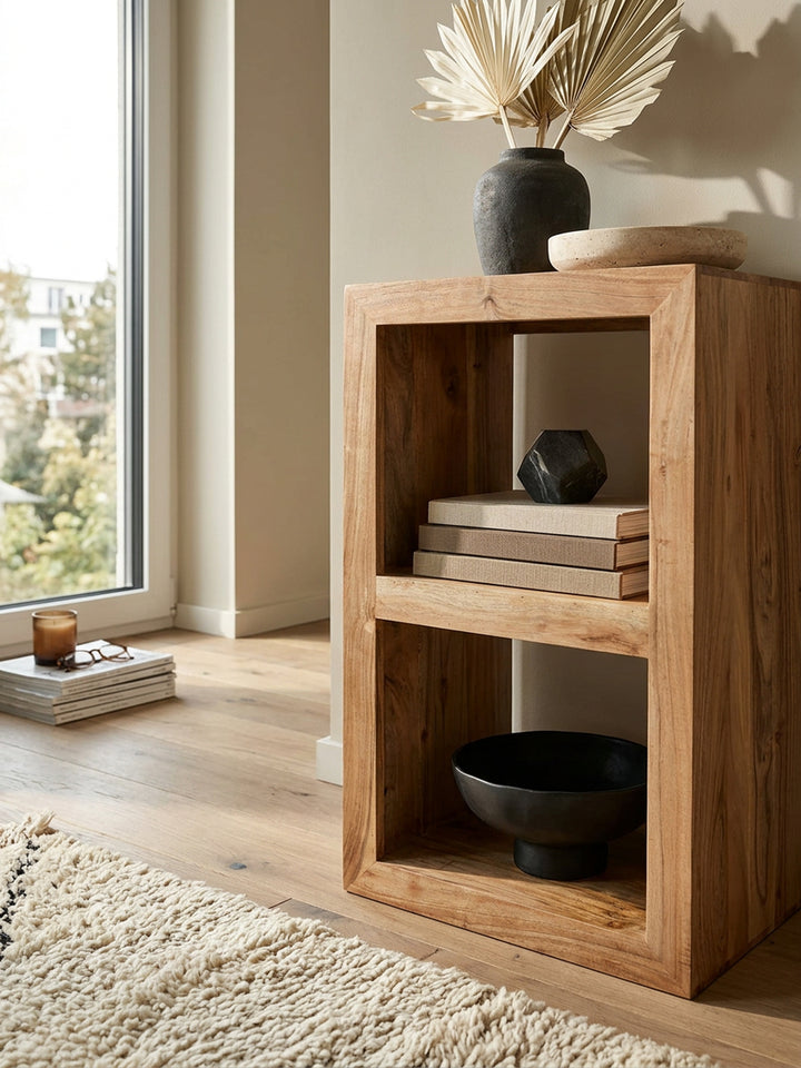 Rustikales Standregal_ Massivholz_ Akazie/Sheesham_ vielseitig nutzbar_ handgefertigt_ einfache Pflege - KADIMA DESIGN_Farbe_ Beige_ Größe_ 50x35x88 cm_