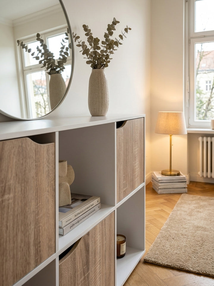 Nahaufnahme der Holzmaserung des Raumteilers. Die pflegeleichten Türen im Dekor Sonoma Eiche harmonieren perfekt mit dem mattweißen Korpus des modernen 3x3 Fächer Wohnregals._