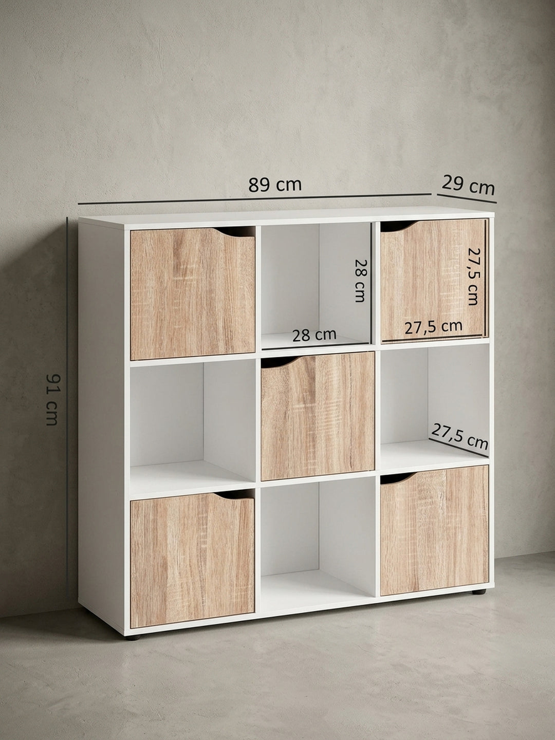 Detailansicht der Rückwand und stabilen Konstruktion des Würfelregals. Die präzise verarbeiteten Spanplatten sorgen für Langlebigkeit bei diesem 91 cm hohen Kommoden-Ersatz._