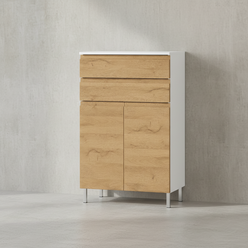 Stauraumkommode_ Badschrank mit Schubladen_ 60x34x97_ in Weiß und Grandson-Eiche_ Chromfüße_ Grifflose_ VEER-Serie von Kadima Design_Größe_ 60x34x97 cm_