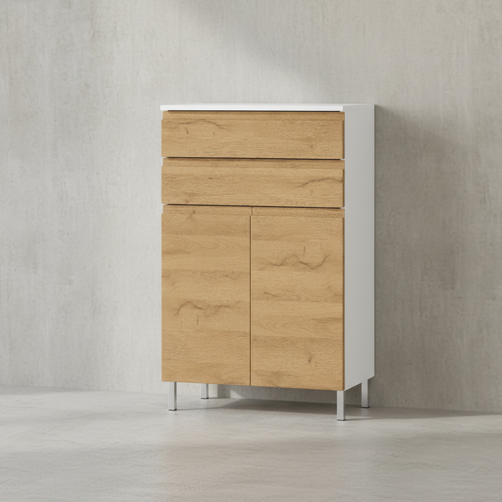 Stauraumkommode_ Badschrank mit Schubladen_ 60x34x97_ in Weiß und Grandson-Eiche_ Chromfüße_ Grifflose_ VEER-Serie von Kadima Design_Größe_ 60x34x97 cm_