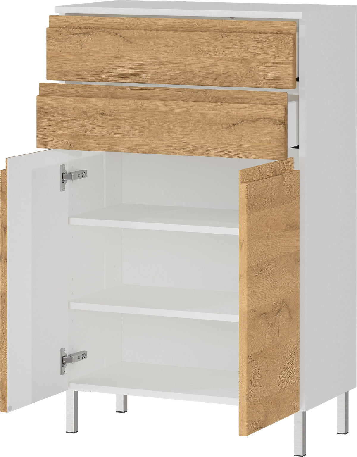 Stauraumkommode  Badschrank mit Schubladen  60x34x97  in Weiß und Grandson-Eiche  Chromfüße  Grifflose  VEER-Serie von Kadima Design Größe  60x34x97 cm
