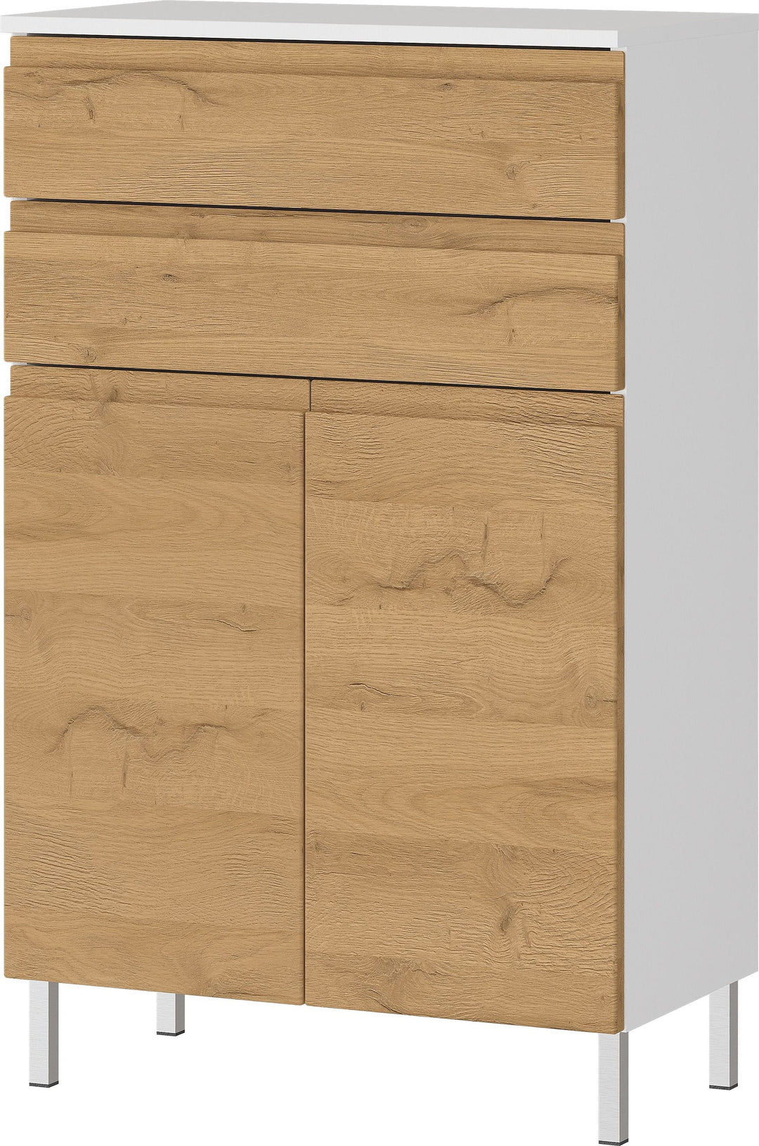 Stauraumkommode_ Badschrank mit Schubladen_ 60x34x97_ in Weiß und Grandson-Eiche_ Chromfüße_ Grifflose_ VEER-Serie von Kadima Design_Größe_ 60x34x97 cm_