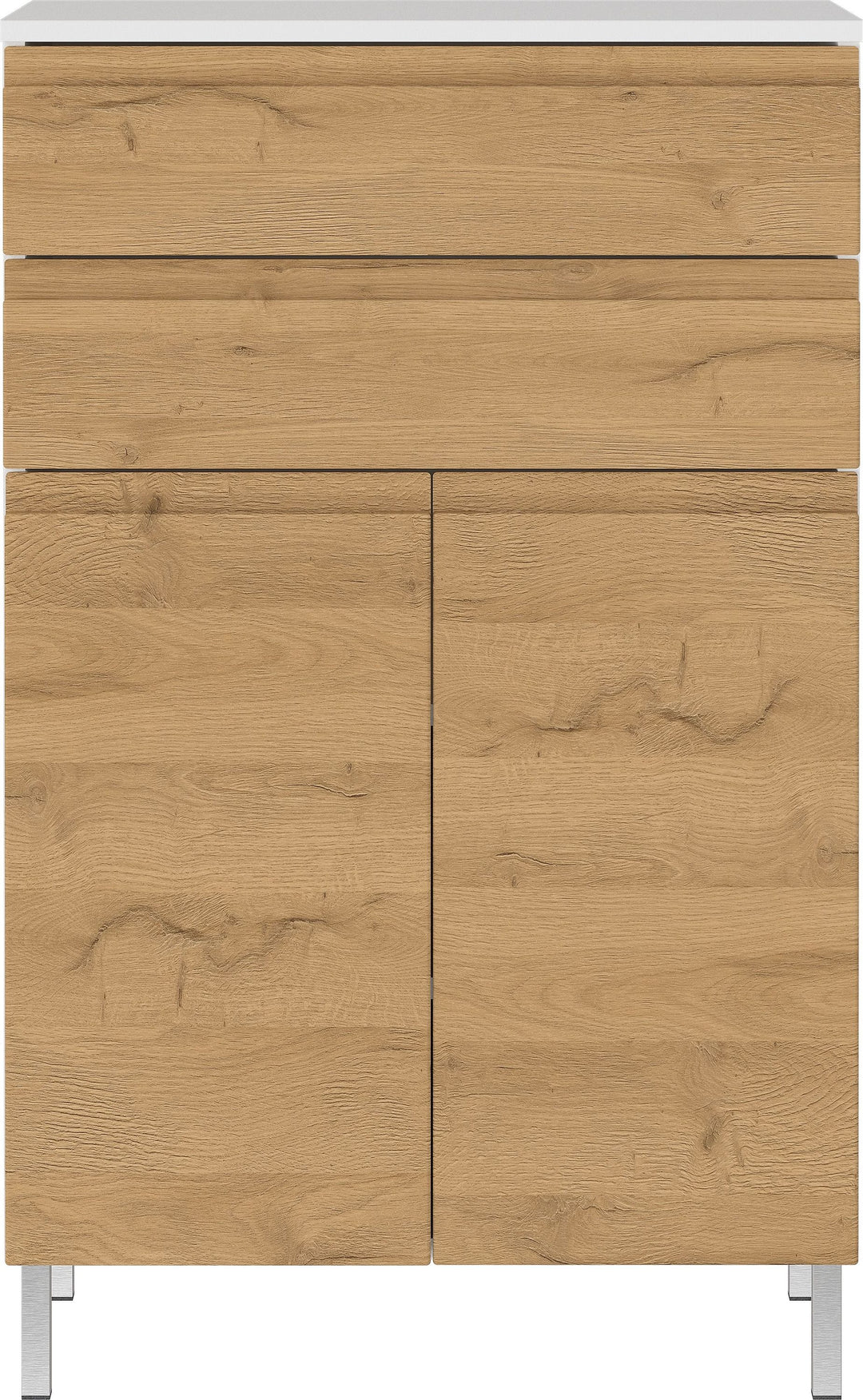 Stauraumkommode_ Badschrank mit Schubladen_ 60x34x97_ in Weiß und Grandson-Eiche_ Chromfüße_ Grifflose_ VEER-Serie von Kadima Design_Größe_ 60x34x97 cm_