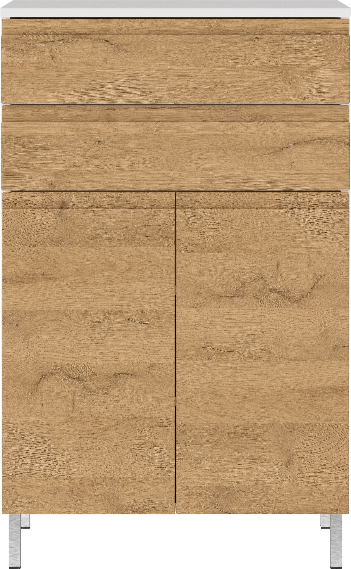 Stauraumkommode_ Badschrank mit Schubladen_ 60x34x97_ in Weiß und Grandson-Eiche_ Chromfüße_ Grifflose_ VEER-Serie von Kadima Design_Größe_ 60x34x97 cm_