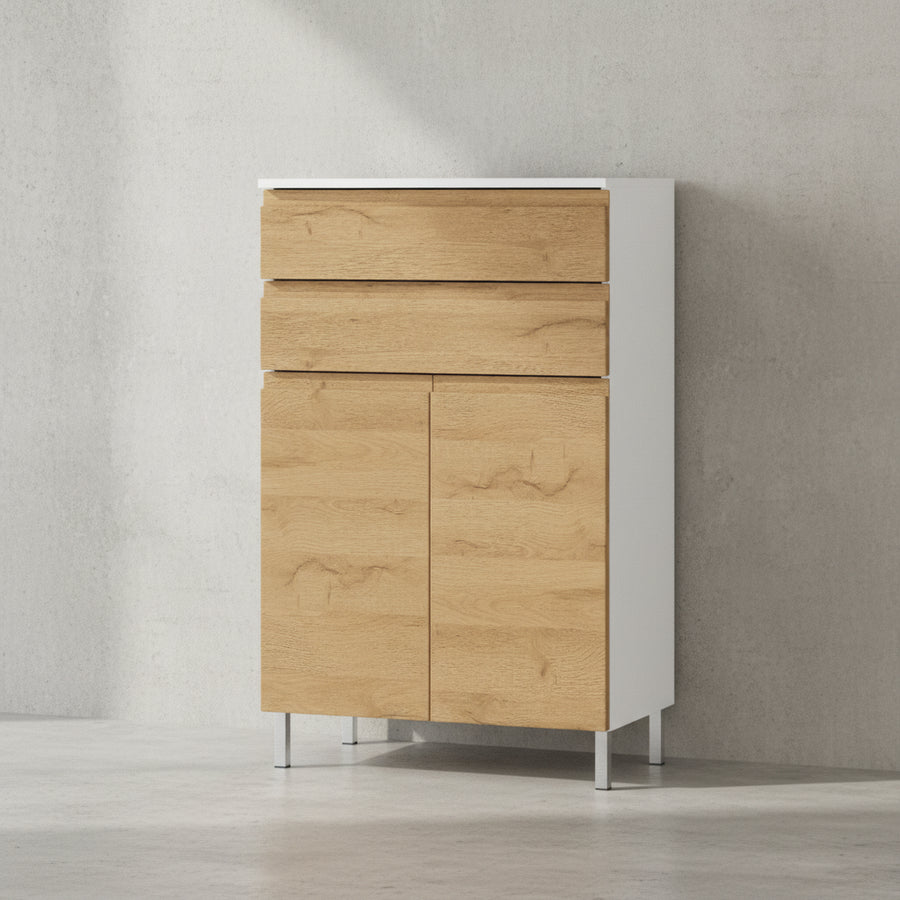 Stauraumkommode_ Badschrank mit Schubladen_ 60x34x97_ in Weiß und Grandson-Eiche_ Chromfüße_ Grifflose_ VEER-Serie von Kadima Design_Größe_ 60x34x97 cm_