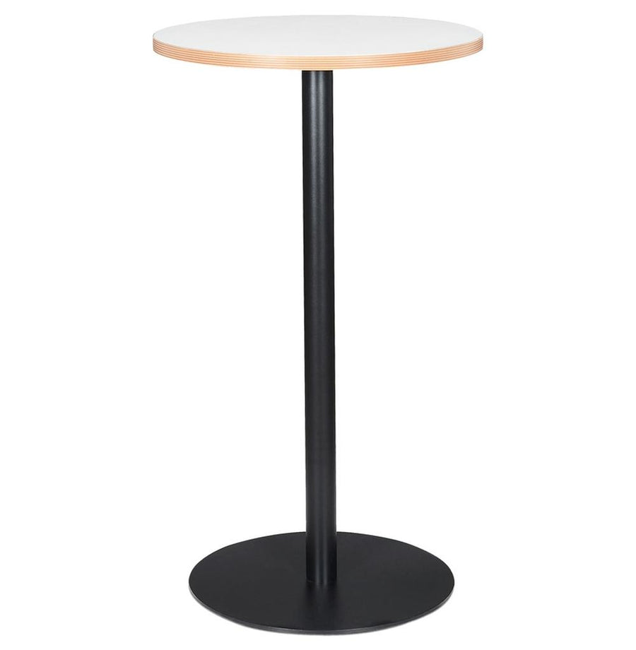 Eleganter Bistrotisch mit weißer Oberflache und schwarzem Standfuß - ideal für moderne Wohnküchen und Gastronomiebetriebe_