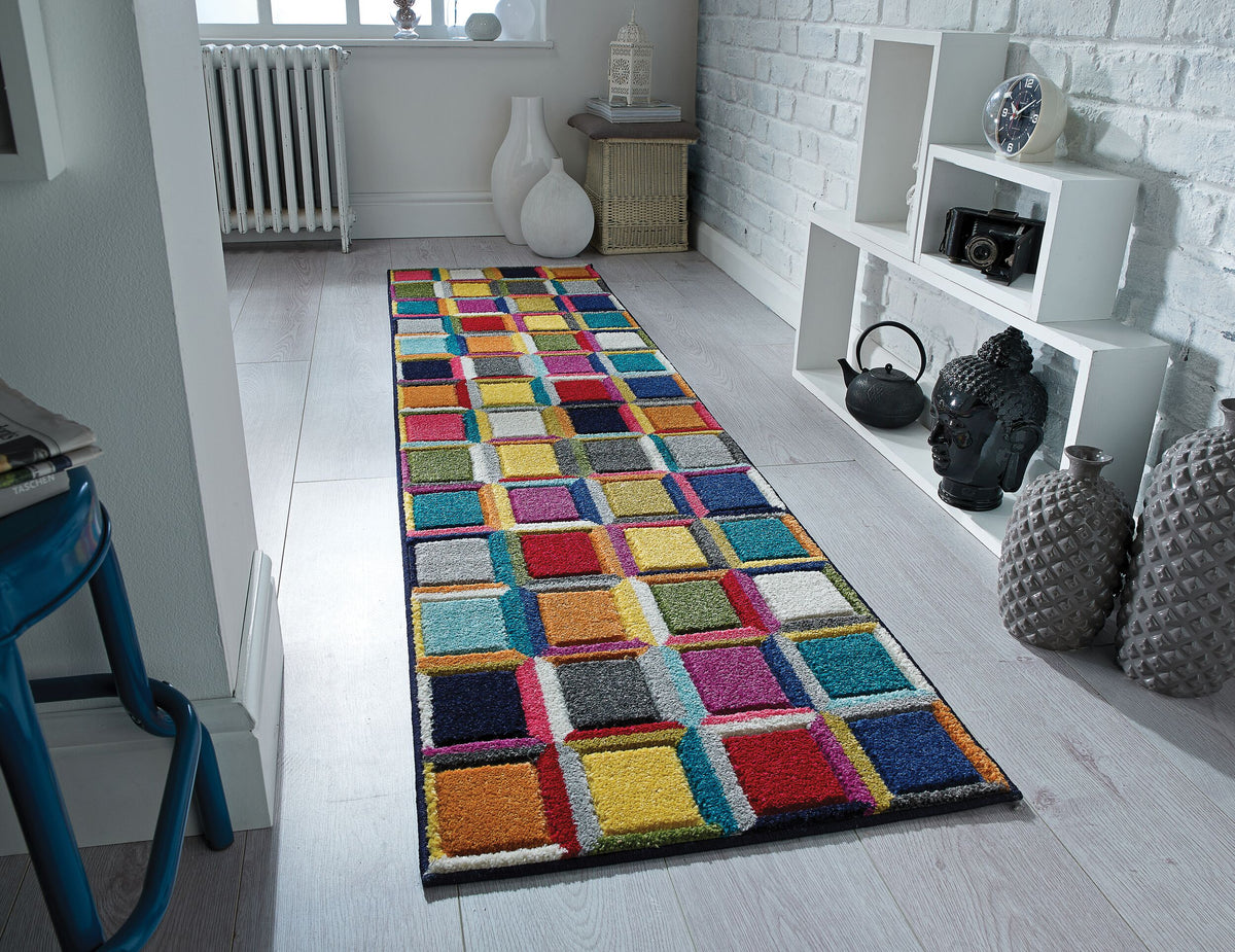 Stilvoller Teppich mit geometrischem Muster und Jute-Rücken Multi Läufer