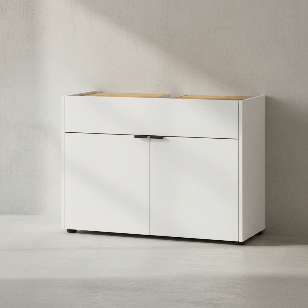 Stoßfester Unterschrank mit Siphonaussparung_ Easy-Clean_ AVIS Kollektion von Kadima Design_Farbe_ Weiß-Beige_ Größe_ 80x34x60 cm_