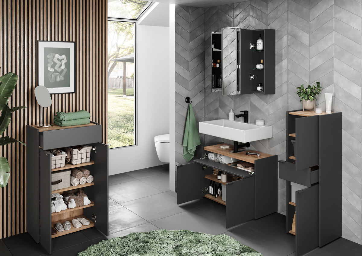 Stoßfester Unterschrank mit Siphonaussparung  Easy-Clean  AVIS Kollektion von Kadima Design Farbe  Grau-Beige  Größe  80x34x60 cm