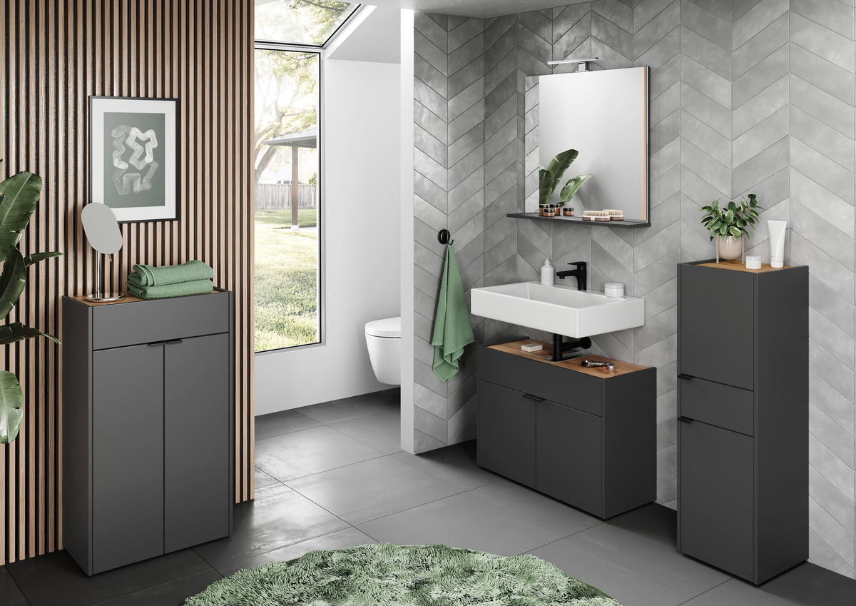 Stoßfester Unterschrank mit Siphonaussparung  Easy-Clean  AVIS Kollektion von Kadima Design Farbe  Grau-Beige  Größe  80x34x60 cm