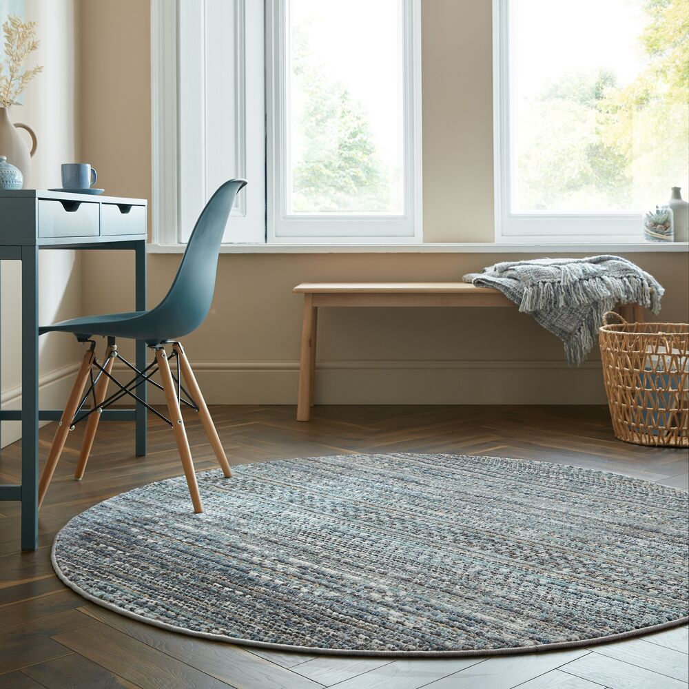Geometrischer Wohnzimmer-Teppich in Naturfarben_Blau_Rund_