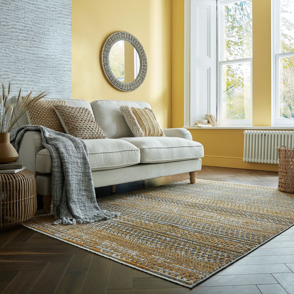 Geometrischer Wohnzimmer-Teppich in Naturfarben_Senfgelb_Rechteckig_