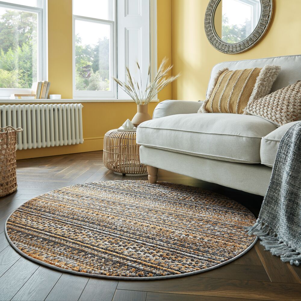 Geometrischer Wohnzimmer-Teppich in Naturfarben_Senfgelb_Rund_