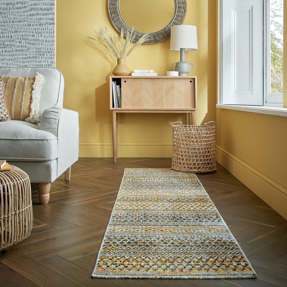 Geometrischer Wohnzimmer-Teppich in Naturfarben_Senfgelb_Läufer_