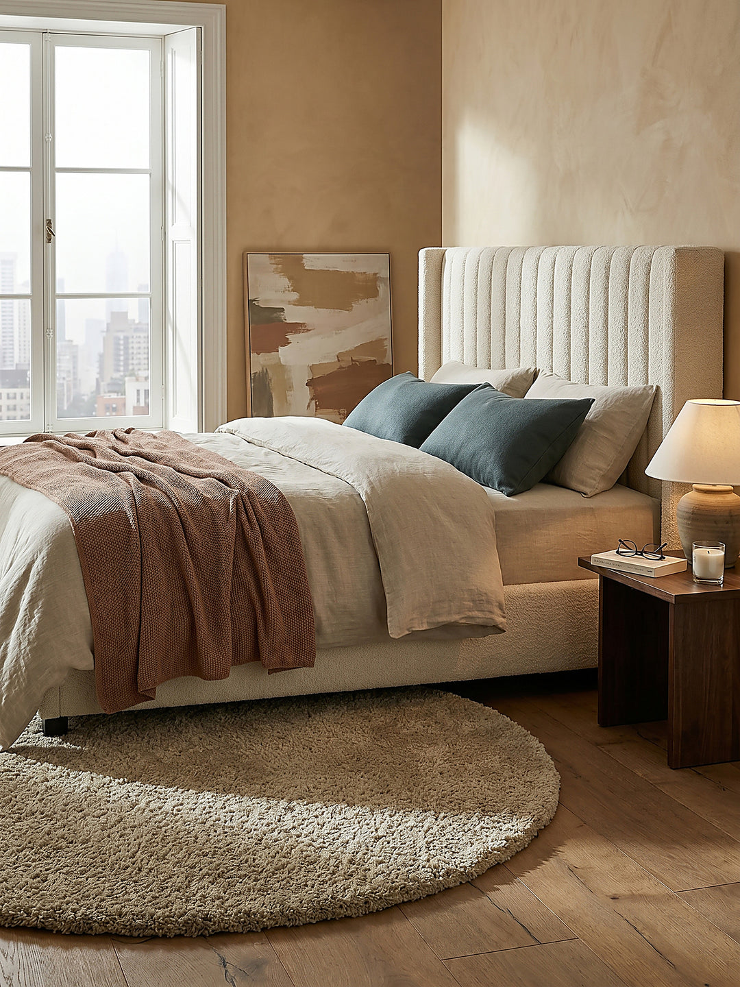 Teppich Beige rund im modernen Wohnzimmer_
