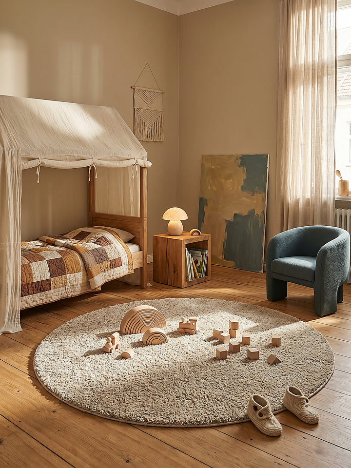 Teppich Beige rund gemütliche Wohnszene_