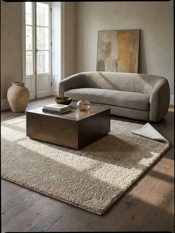 Teppich Beige quadratisch im modernen Wohnzimmer_