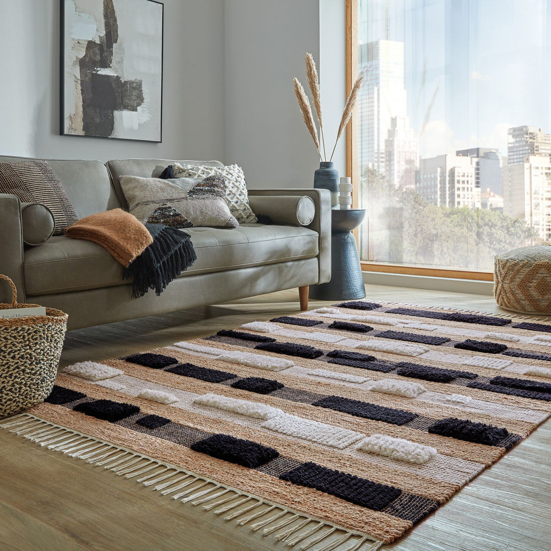 Teppich Hoch-Tief Struktur Gestreift - Patchwork-Optik - Fransen_Natur-Schwarz_Rechteckig_