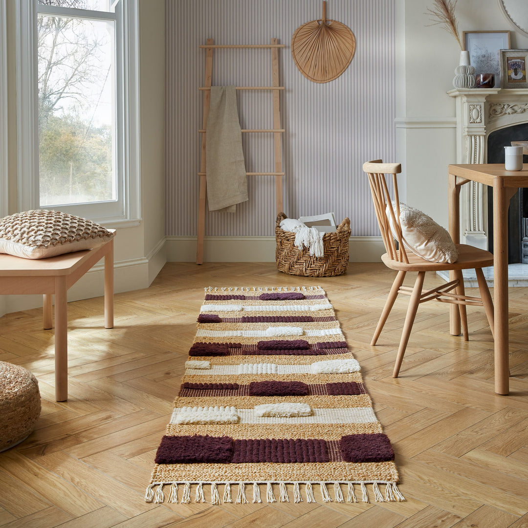 Teppich Hoch-Tief Struktur Gestreift - Patchwork-Optik - Fransen_Natur-Lila_Läufer_